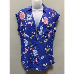 Express Women's Blue Floral Zip Front Blouse Size M Medium Spring Summer Top